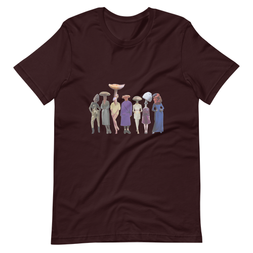 A gathering of Mushroom Women, unisex staple t shirt oxblood black