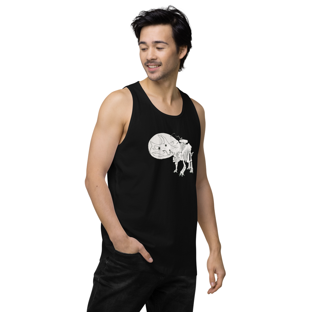 Space Triceratops Tee, mens premium tank top black right