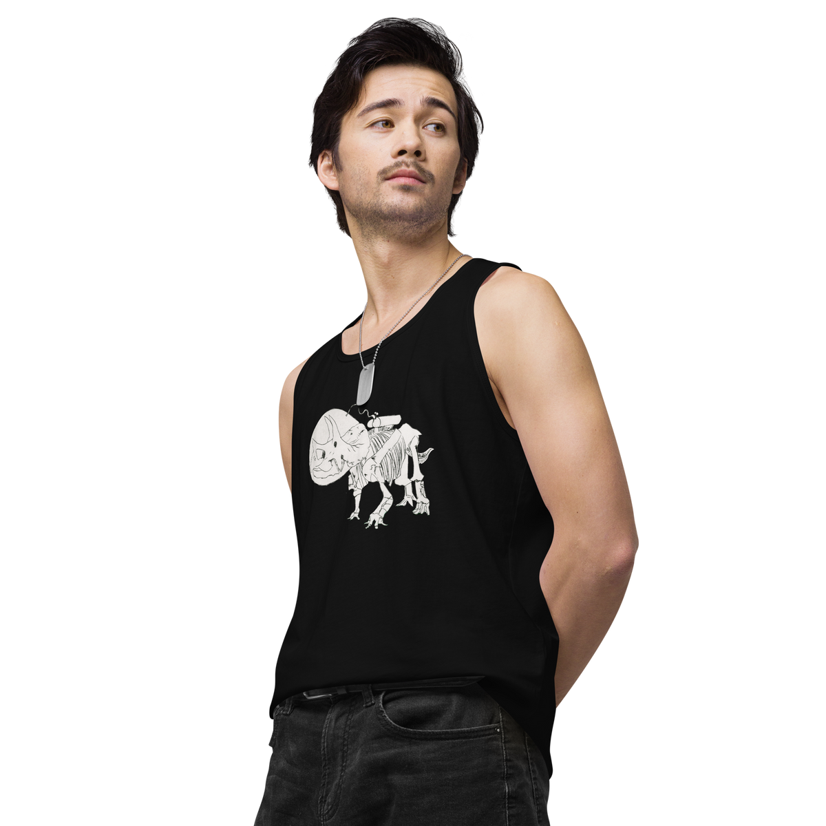 Space Triceratops Tee, mens premium tank top black left