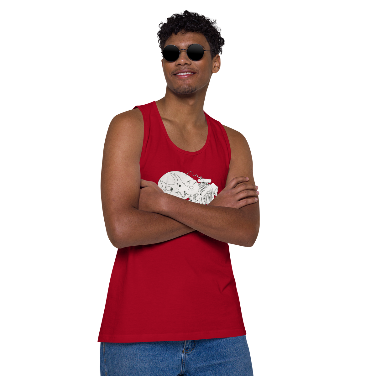 Space Triceratops Tee, mens premium tank top red