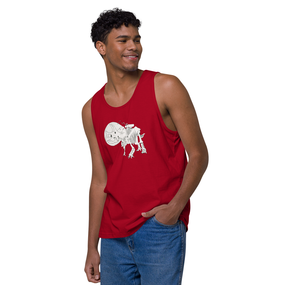 Space Triceratops Tee, mens premium tank top red left