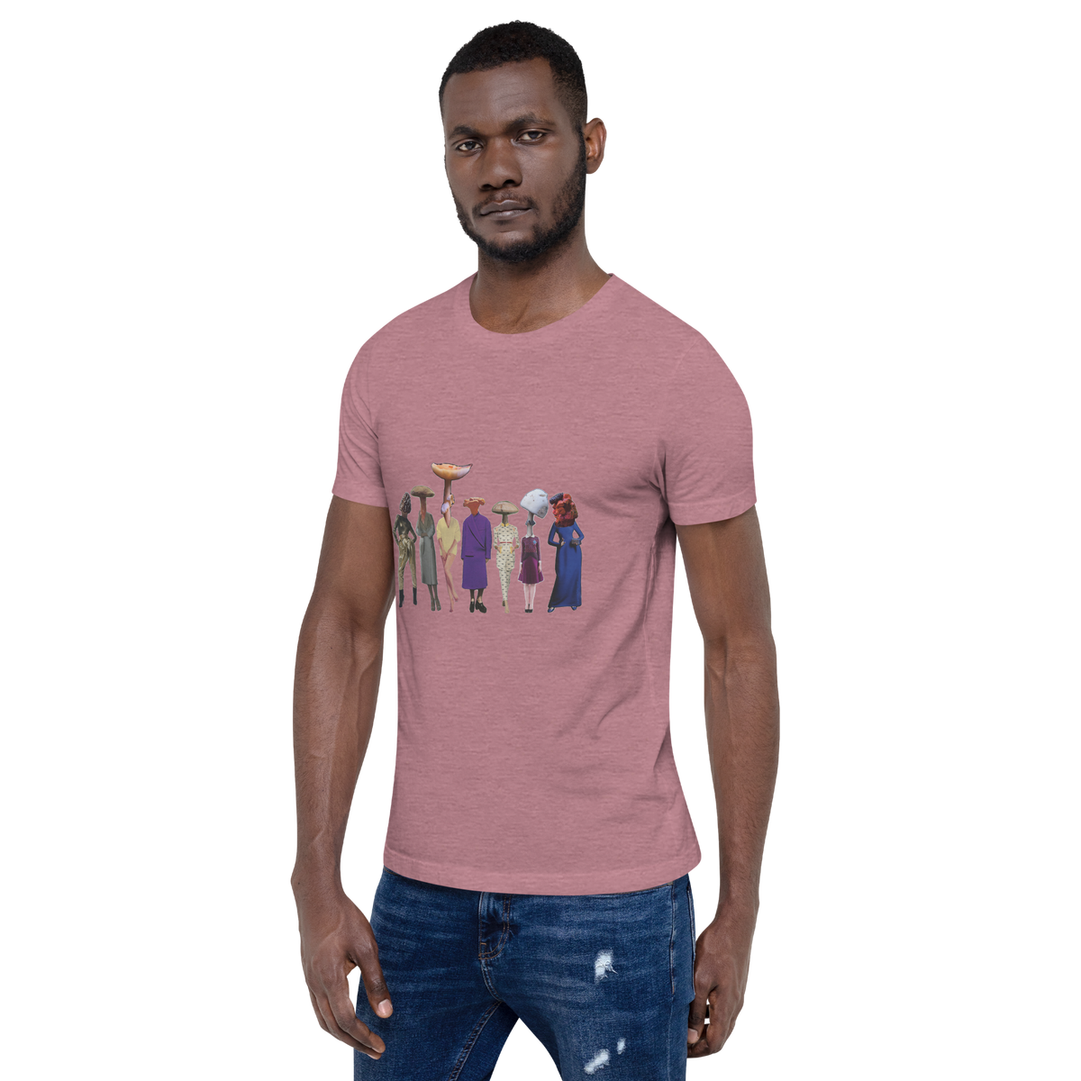 A gathering of Mushroom Women, unisex staple t shirt heather orchid left