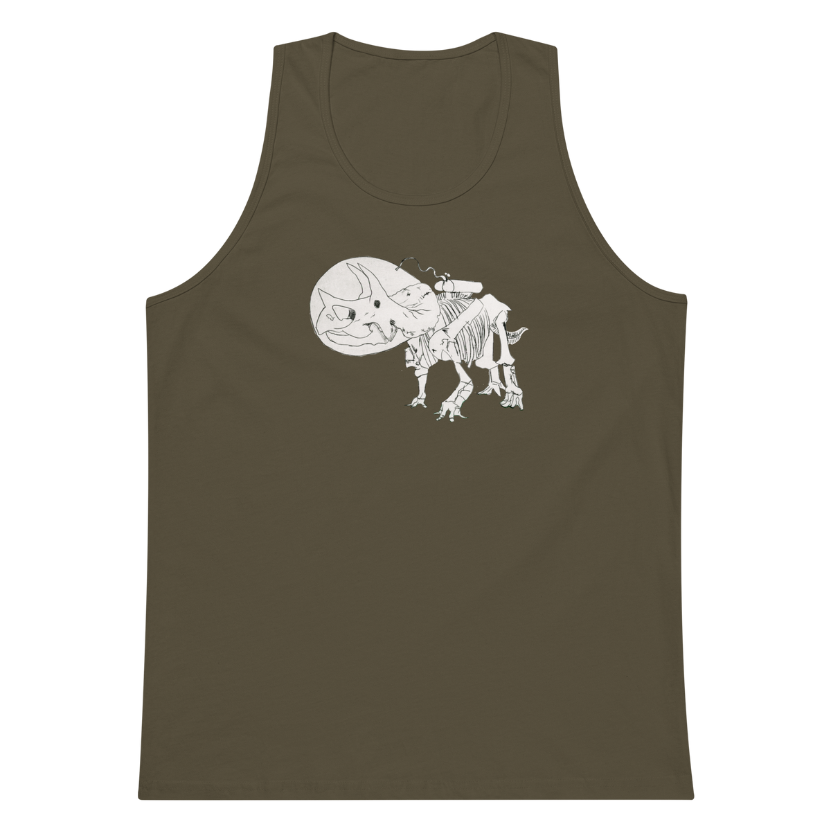 Space Triceratops Tee, mens premium tank top military green