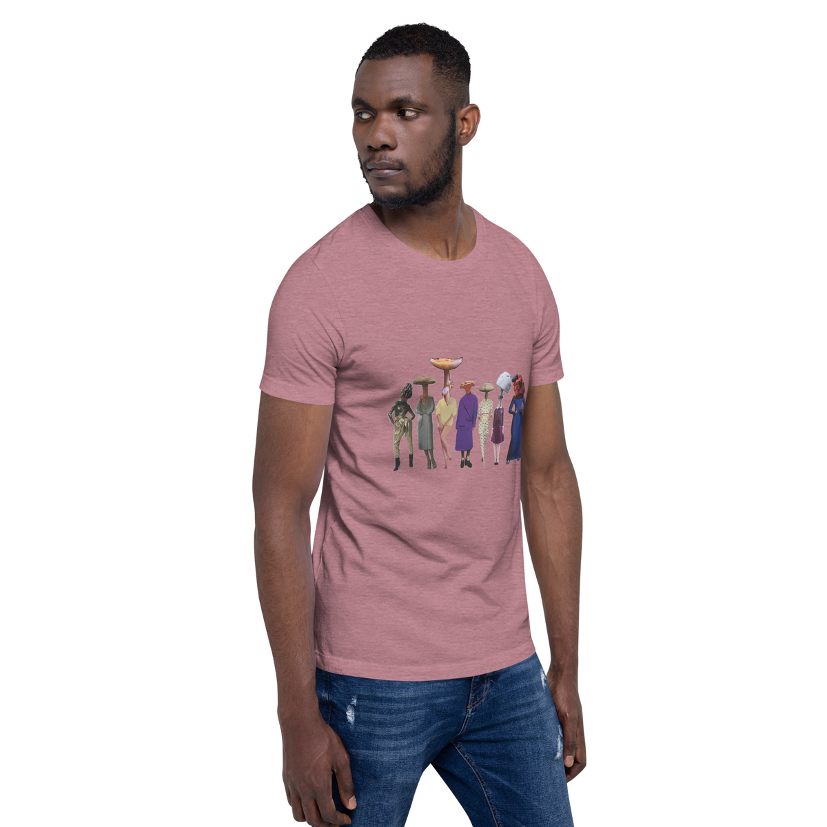 A gathering of Mushroom Women, unisex staple t shirt heather orchid right