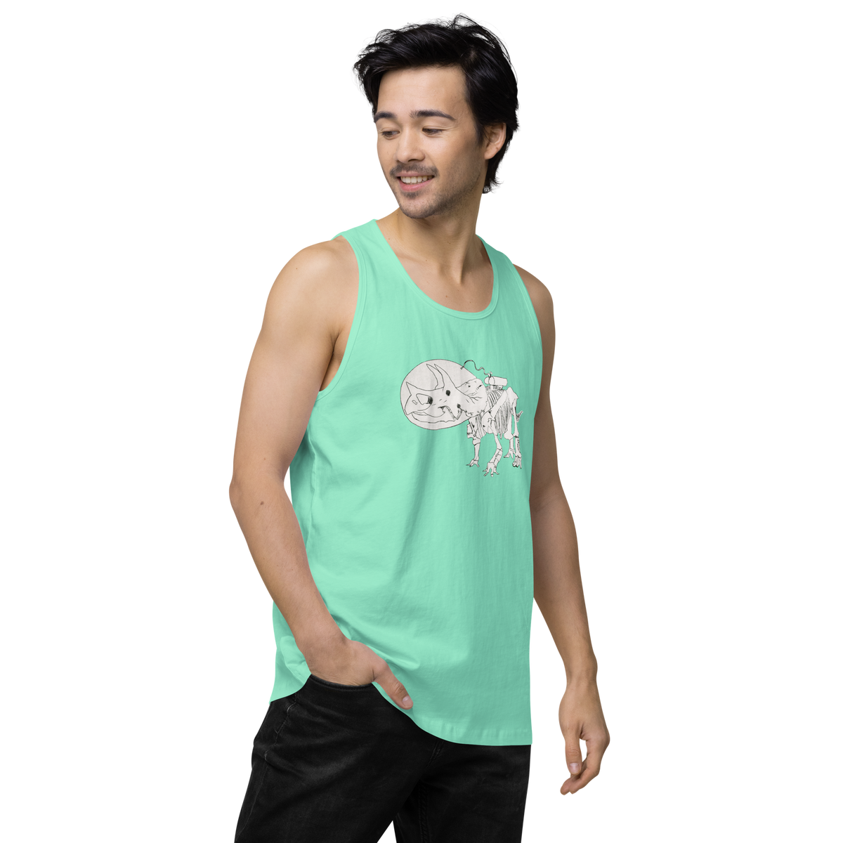 Space Triceratops Tee, mens premium tank top mint right