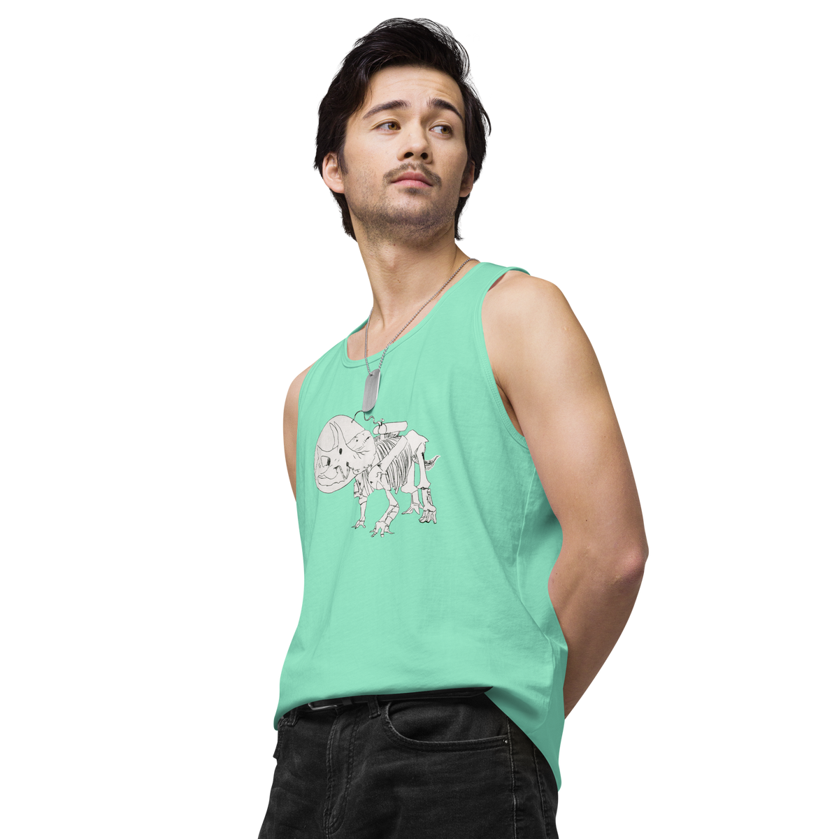 Space Triceratops Tee, mens premium tank top mint left