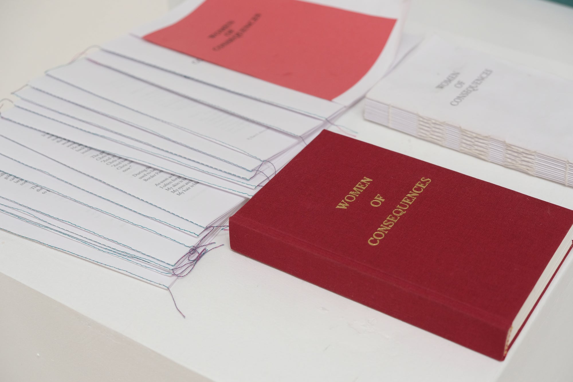 Red cloth bound book with prototypes in the background in both signature and sewn text block. 